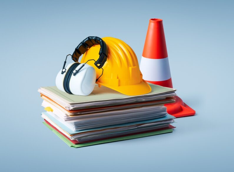 Pile,Of,Paperwork,,Safety,Equipment,And,Work,Tools:,Construction,And
