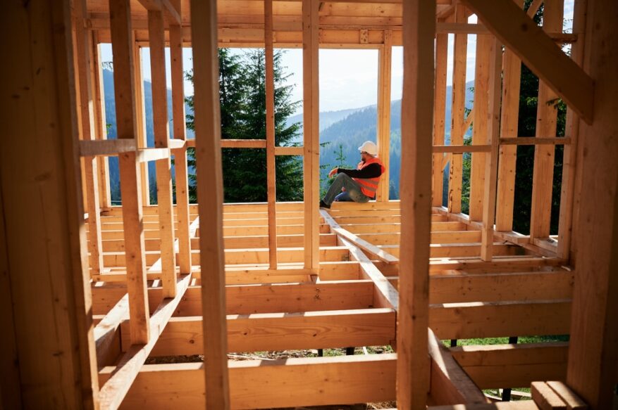 Carpenter,Constructing,Wooden,Frame,House,Near,The,Forest.,Bearded,Man
